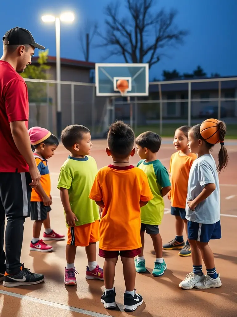 A vibrant photo capturing a youth basketball clinic organized by BASKET CLUB DES TERRES VIVES, showing children actively participating and coaches providing guidance, set against the backdrop of the local sports complex.