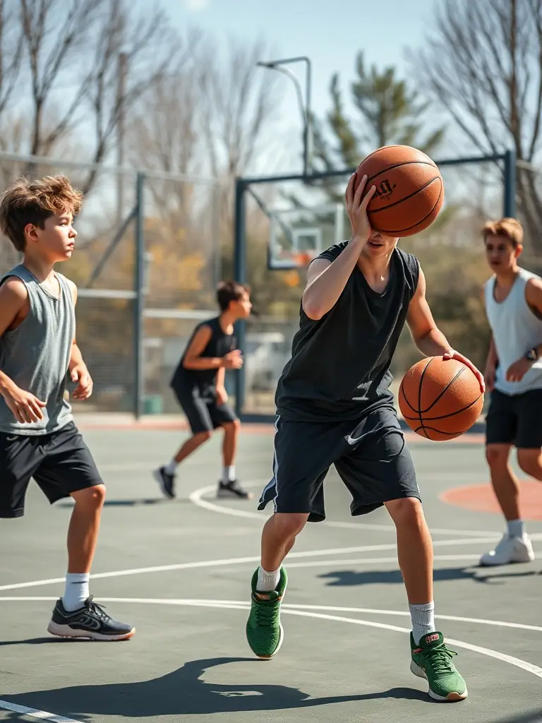Action shot of young basketball players participating in a training session at COMPLEXE SPORTIF DES TERRES VIVES, focusing on dribbling skills, showcasing the club's youth development program.