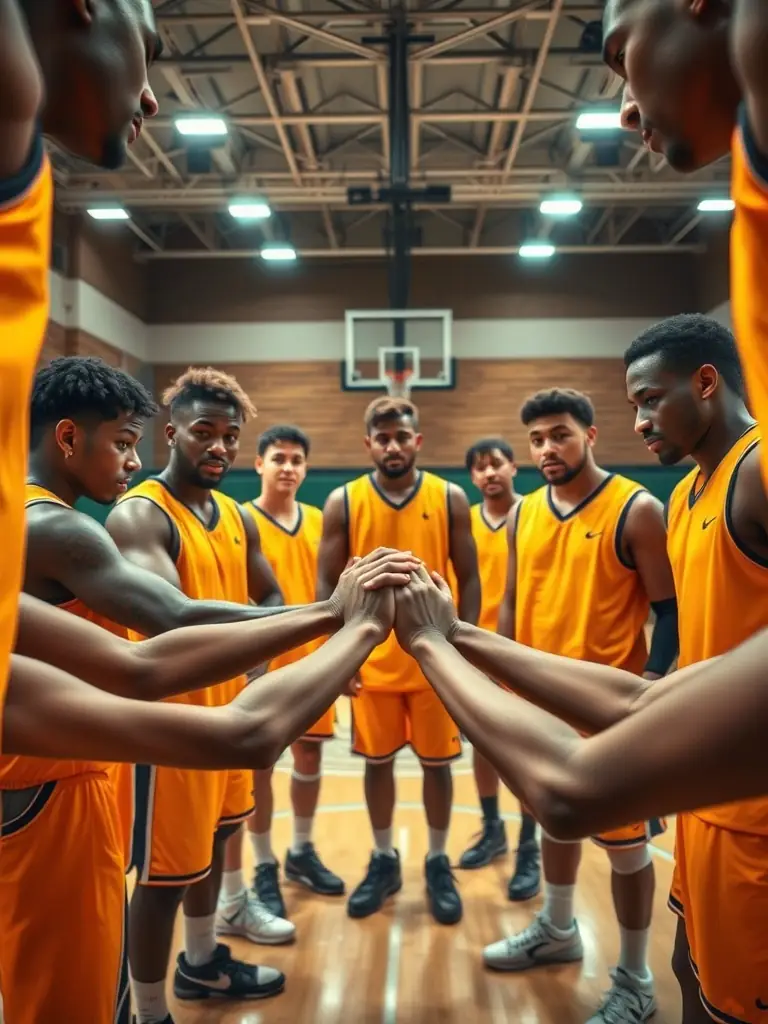 A team huddle during a BASKET CLUB DES TERRES VIVES game, emphasizing the importance of teamwork and collaboration among players.