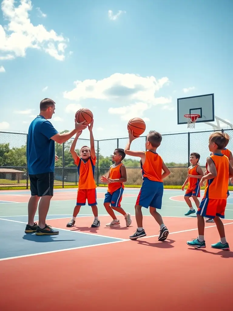 A group of young basketball players in BASKET CLUB DES TERRES VIVES uniforms, practicing drills on the court, showcasing the fitness benefits of joining the club.