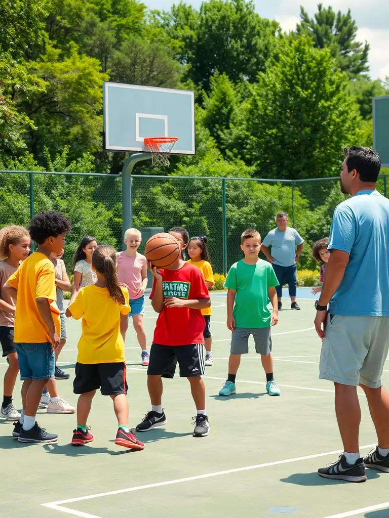 Image of participants of all ages enjoying a basketball clinic organized by BASKET CLUB DES TERRES VIVES, demonstrating the club's inclusivity and accessibility.