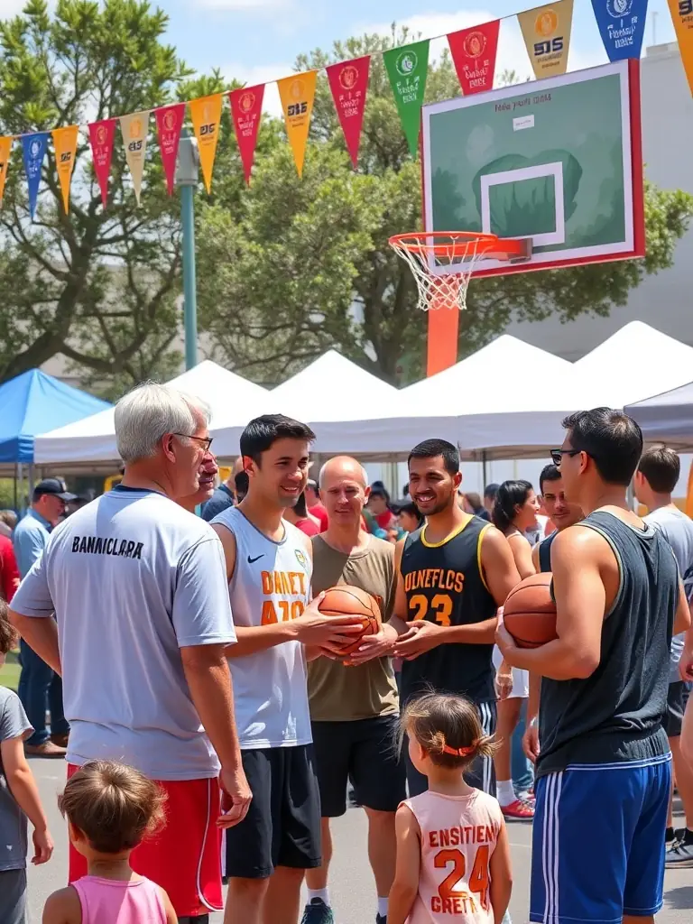 Members of BASKET CLUB DES TERRES VIVES participating in a community event, such as a local sports fair, promoting basketball and engaging with residents.