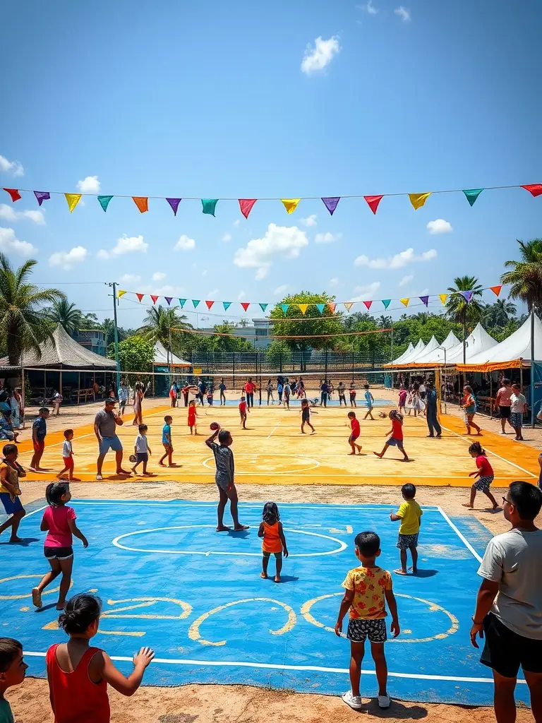 A community event organized by BASKET CLUB DES TERRES VIVES, featuring families enjoying basketball-related activities and games, emphasizing the club's role in fostering community spirit.