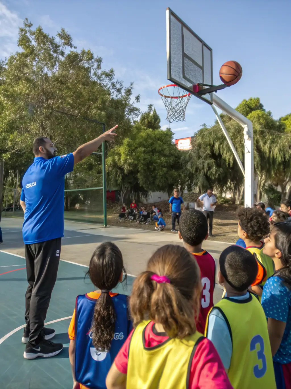 Image of a coach instructing adult players during a basketball training session at BASKET CLUB DES TERRES VIVES, emphasizing advanced techniques and strategic gameplay.
