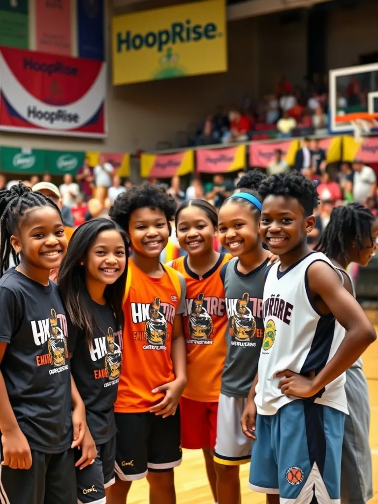 A group photo of BASKET CLUB DES TERRES VIVES members volunteering at a community event, such as a local festival or charity fundraiser, highlighting the club's commitment to social responsibility.