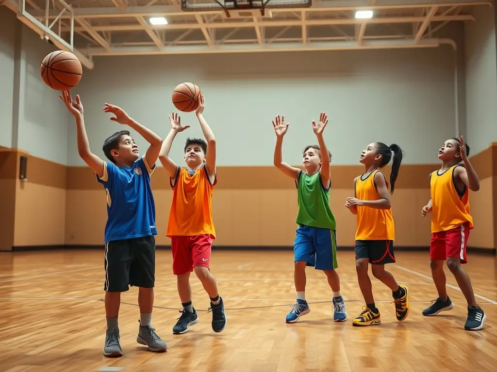 A vibrant image capturing young basketball players participating in a training session at COMPLEXE SPORTIF DES TERRES VIVES, showcasing teamwork and skill development.