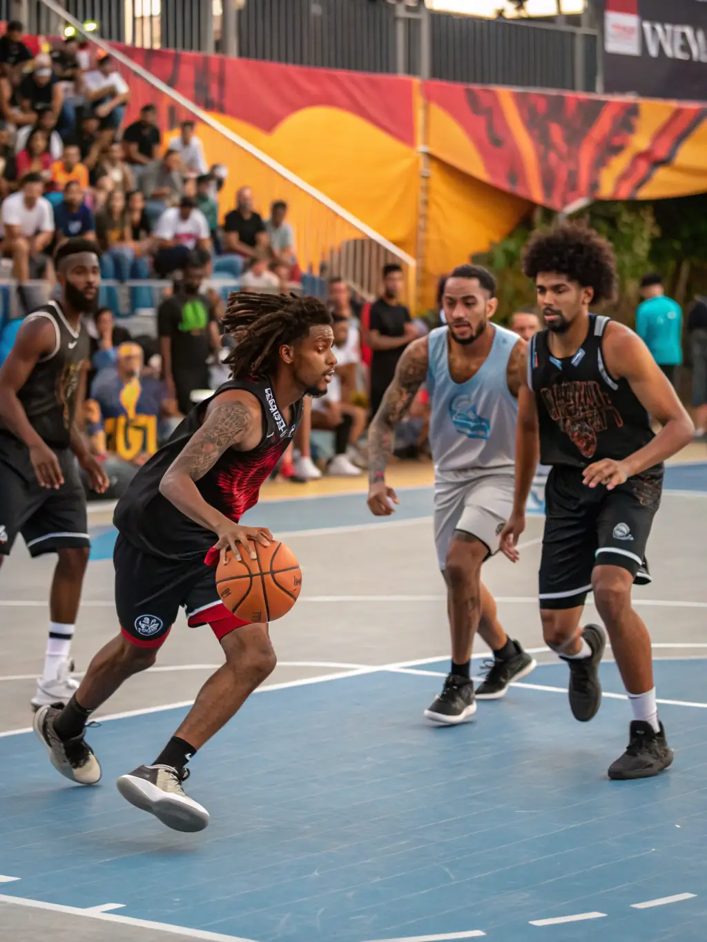 A dynamic shot of a BASKET CLUB DES TERRES VIVES team participating in a regional basketball tournament, highlighting the club's competitive spirit and representation of the local area.