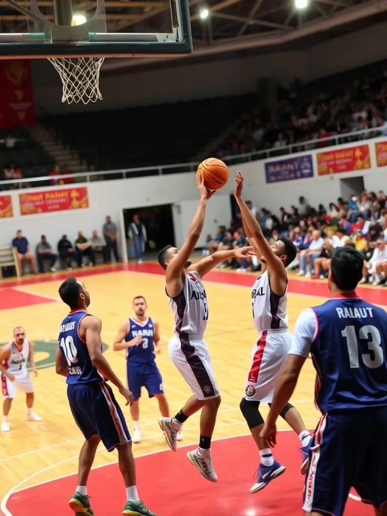 Image of a basketball game in progress, with players from BASKET CLUB DES TERRES VIVES competing against another local team, emphasizing the competitive spirit and community involvement.