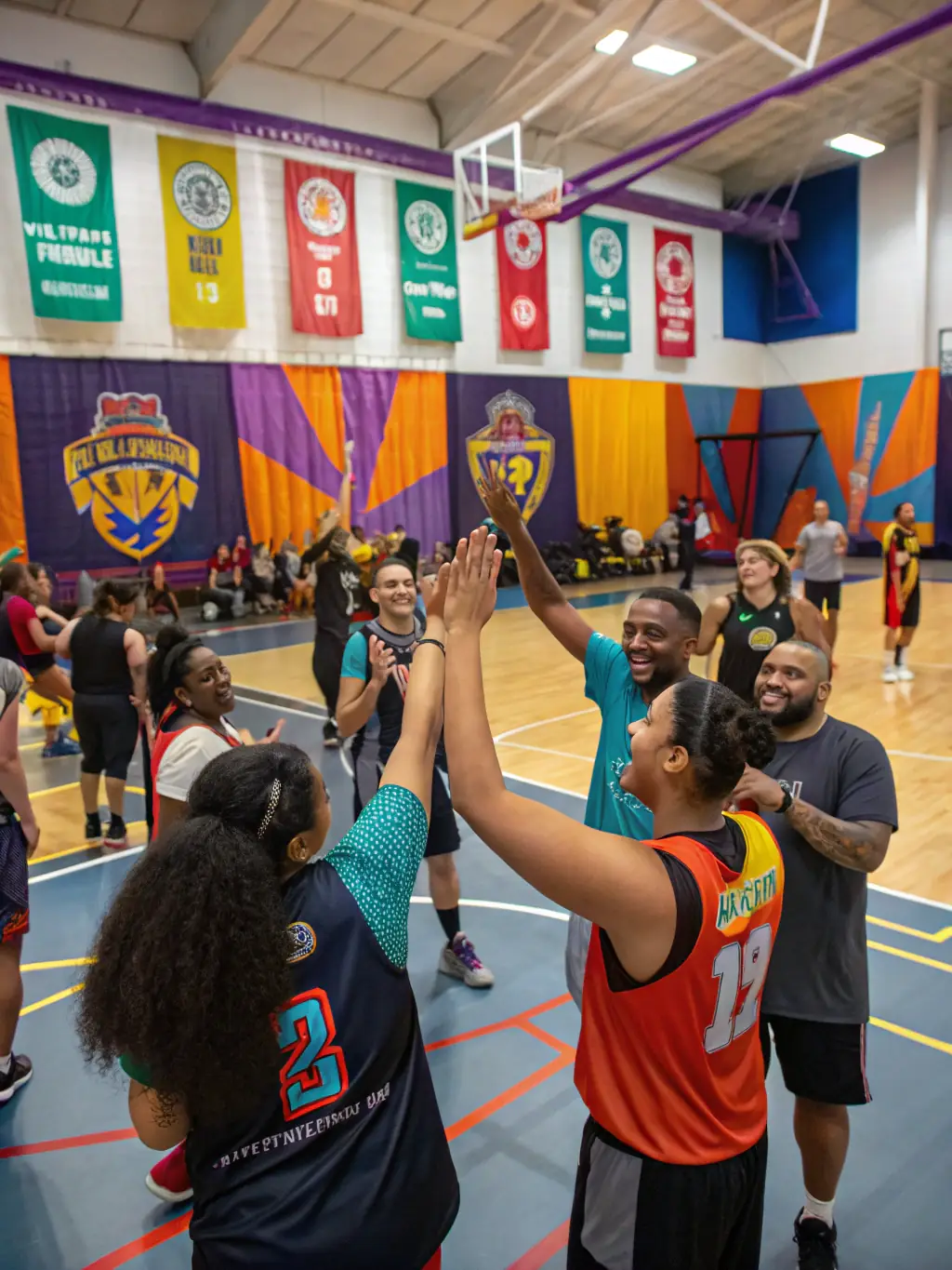 A diverse group of BASKET CLUB DES TERRES VIVES members of different ages and backgrounds, smiling and celebrating a victory, highlighting the inclusive nature of the club.